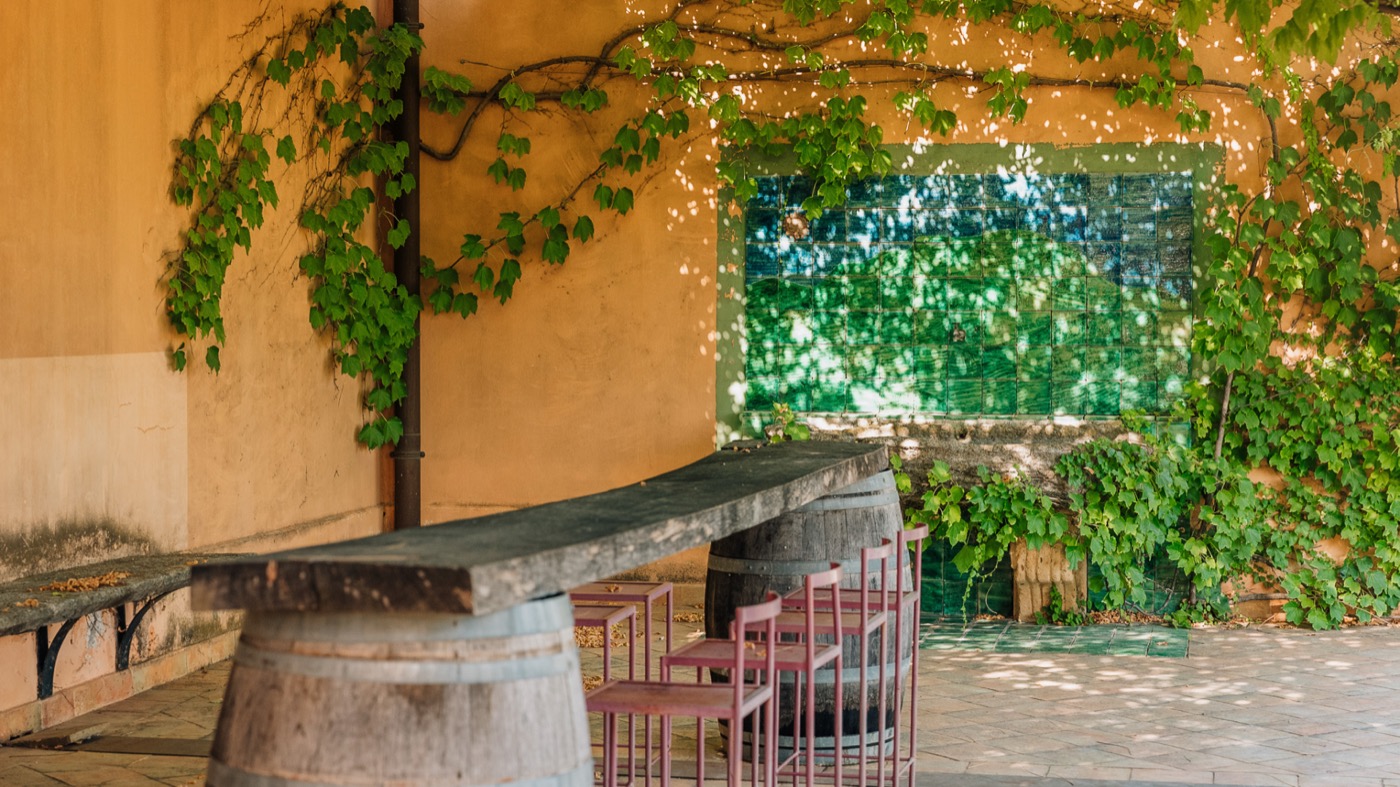 Outdoor wine tasting setup at Planeta Buonivini with vineyard views